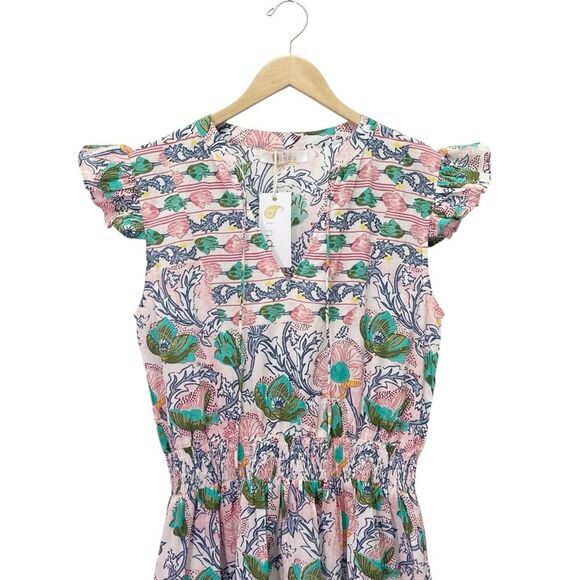 NWT Bindu Anika Dress Pink Multi Floral Ruffle Sleeve Maxi Boho Resort Sz Medium - Picture 7 of 15